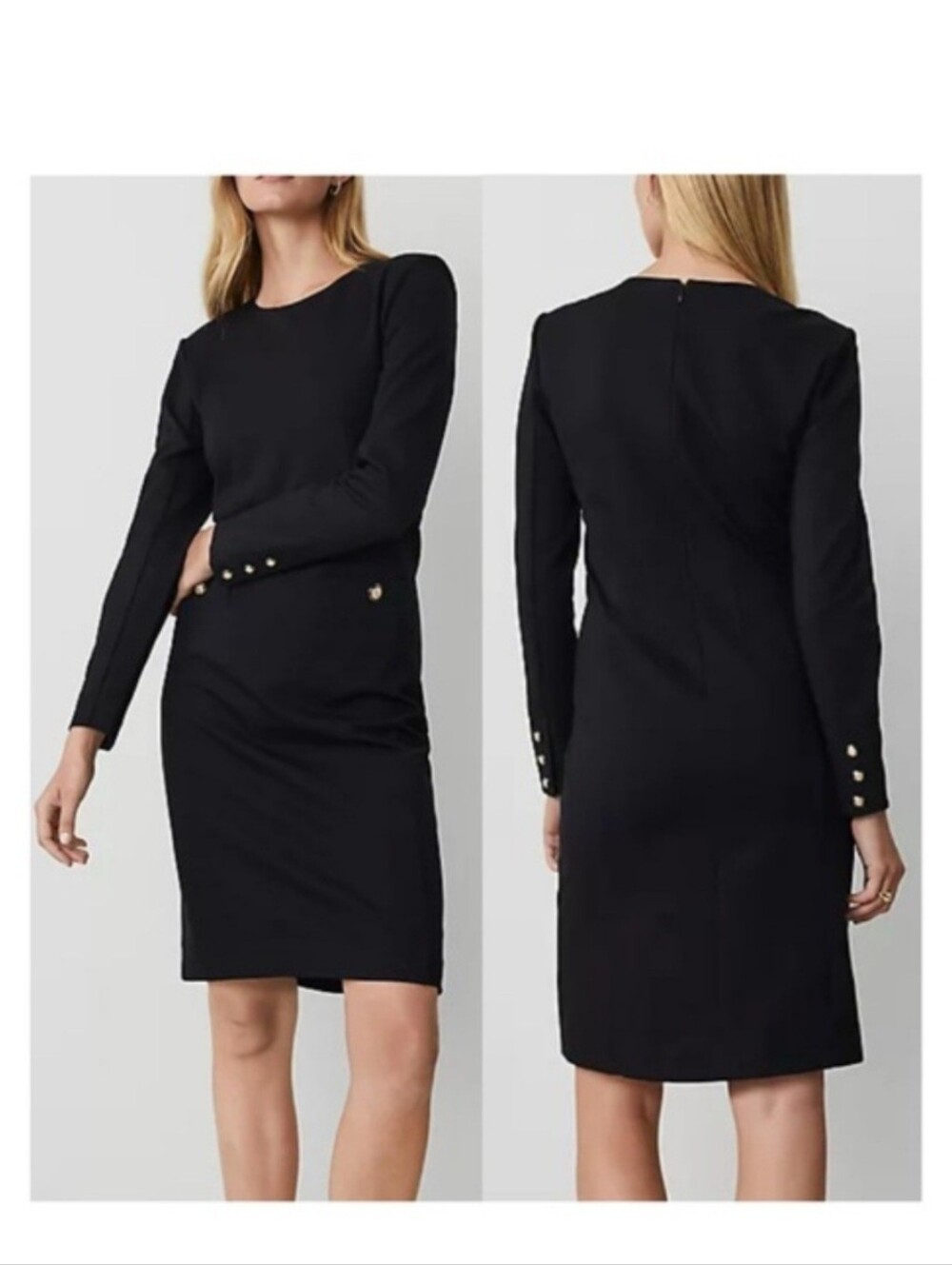 Ann Taylor Black Long-Sleeve Sheath Dress with Gold Button Detail